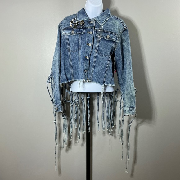 Thrill Jeans Jackets & Blazers - Thrill Jeans Womens Acid Wash Macrame Fringe Denim Jacket Blue Large